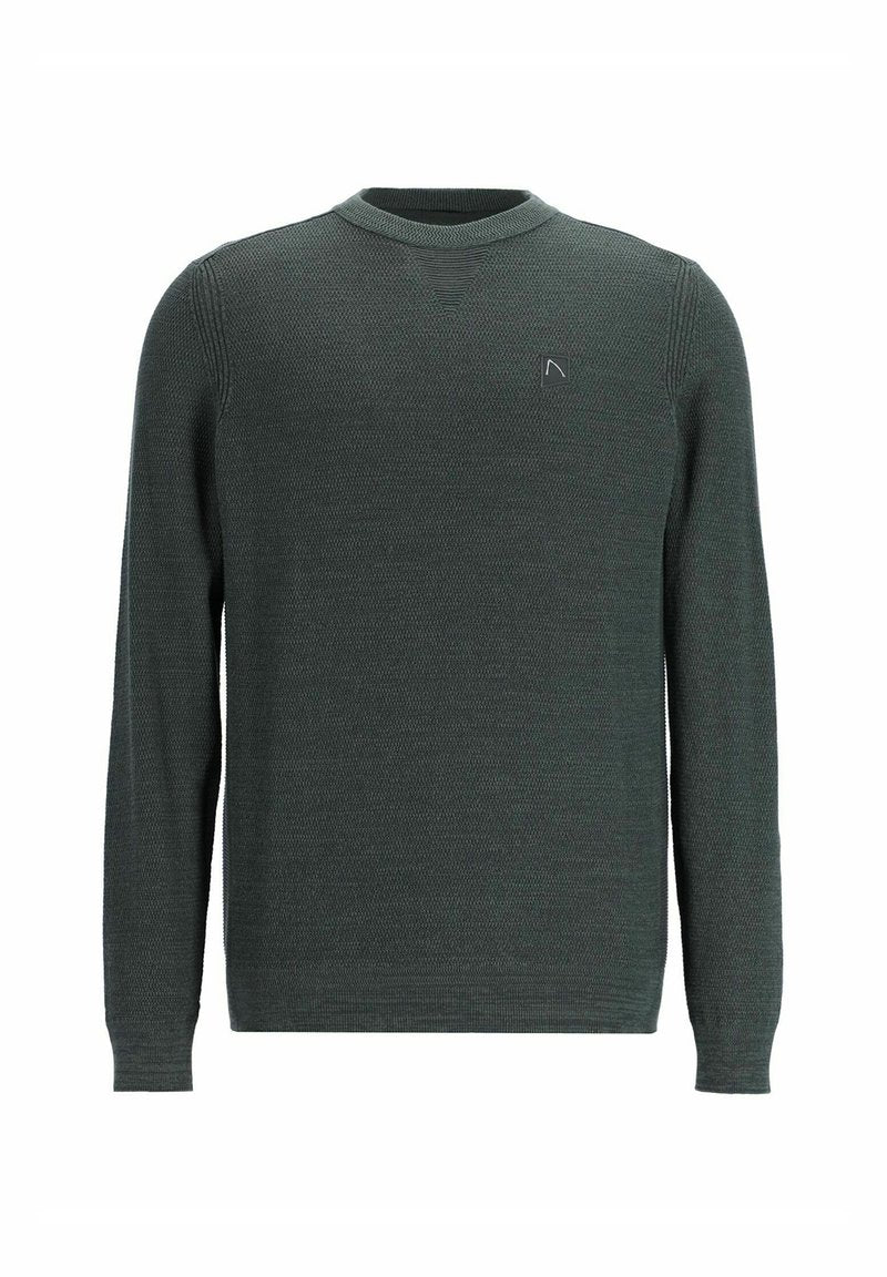 Grüner Strickpullover mit rundem Ausschnitt, langen Ärmeln, gerippten Abschlüssen und einem kleinen Logodetail auf der Brust. Strukturiertes Stoffdesign.