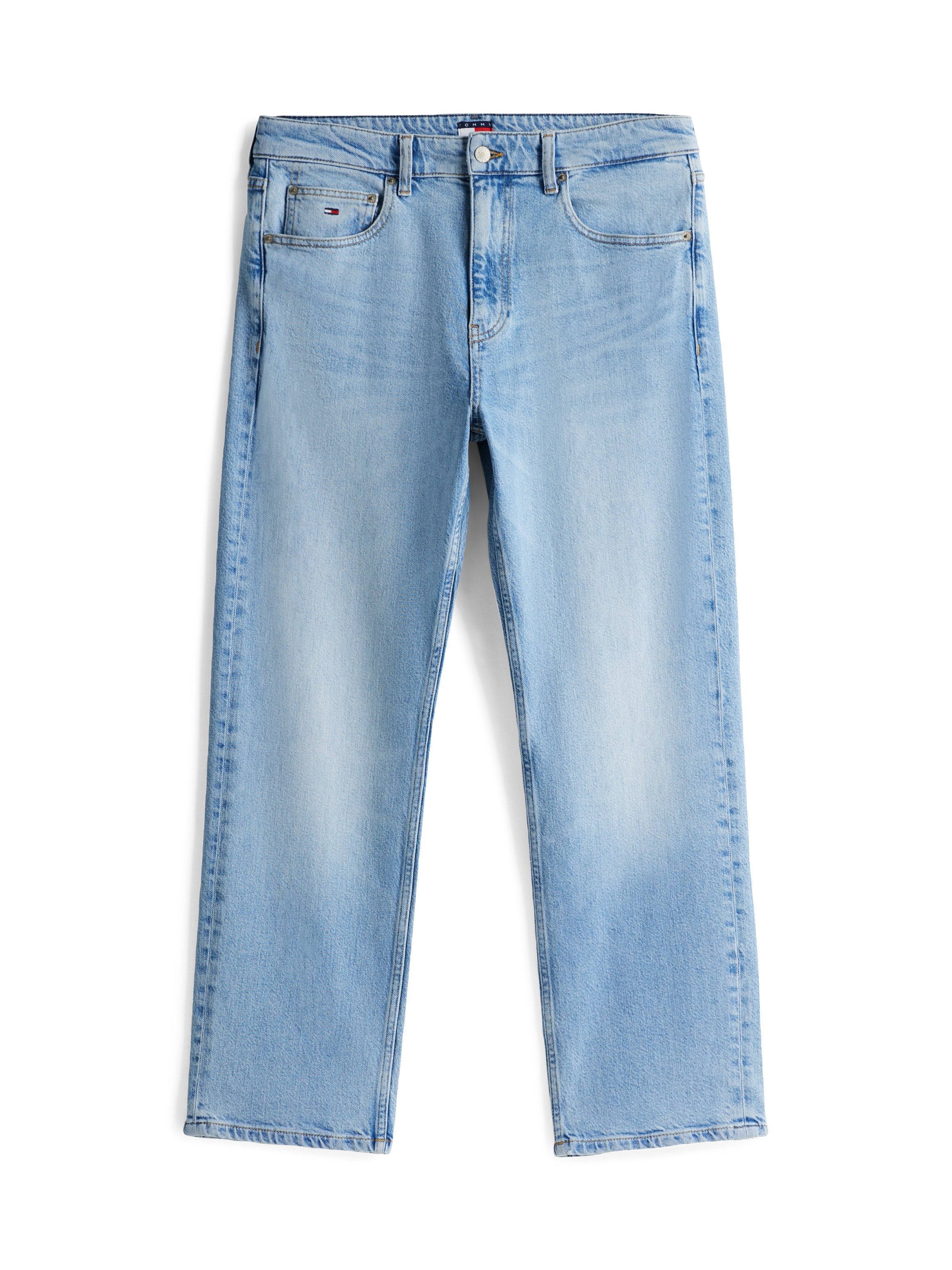 Hellblaue Jeans aus Denim mit geradem Bein, im Fünf-Taschen-Stil und einem Knopfverschluss. Verfügt über subtile Verblassungen und typische Nähdetails.