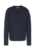 Marineblauer Strickpullover mit Rundhalsausschnitt, gerippten Bündchen und Saum. Verfügt über ein durchgehend strukturiertes Muster für ein klassisches Design.