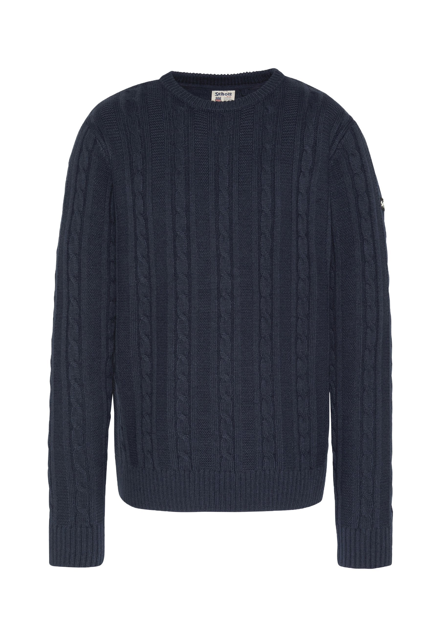 Marineblauer Strickpullover mit Rundhalsausschnitt, gerippten Bündchen und Saum. Verfügt über ein durchgehend strukturiertes Muster für ein klassisches Design.