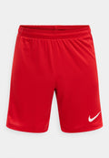 Rote Sportshorts mit elastischem Bund und weißem Nike-Swoosh-Logo auf dem unteren rechten Bein.