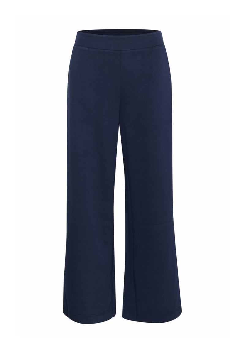 Navyweite Beinhosen aus weichem Stoff, mit einem elastischen Bund und glatter Textur. Keine auffälligen Muster oder Hardware-Details.