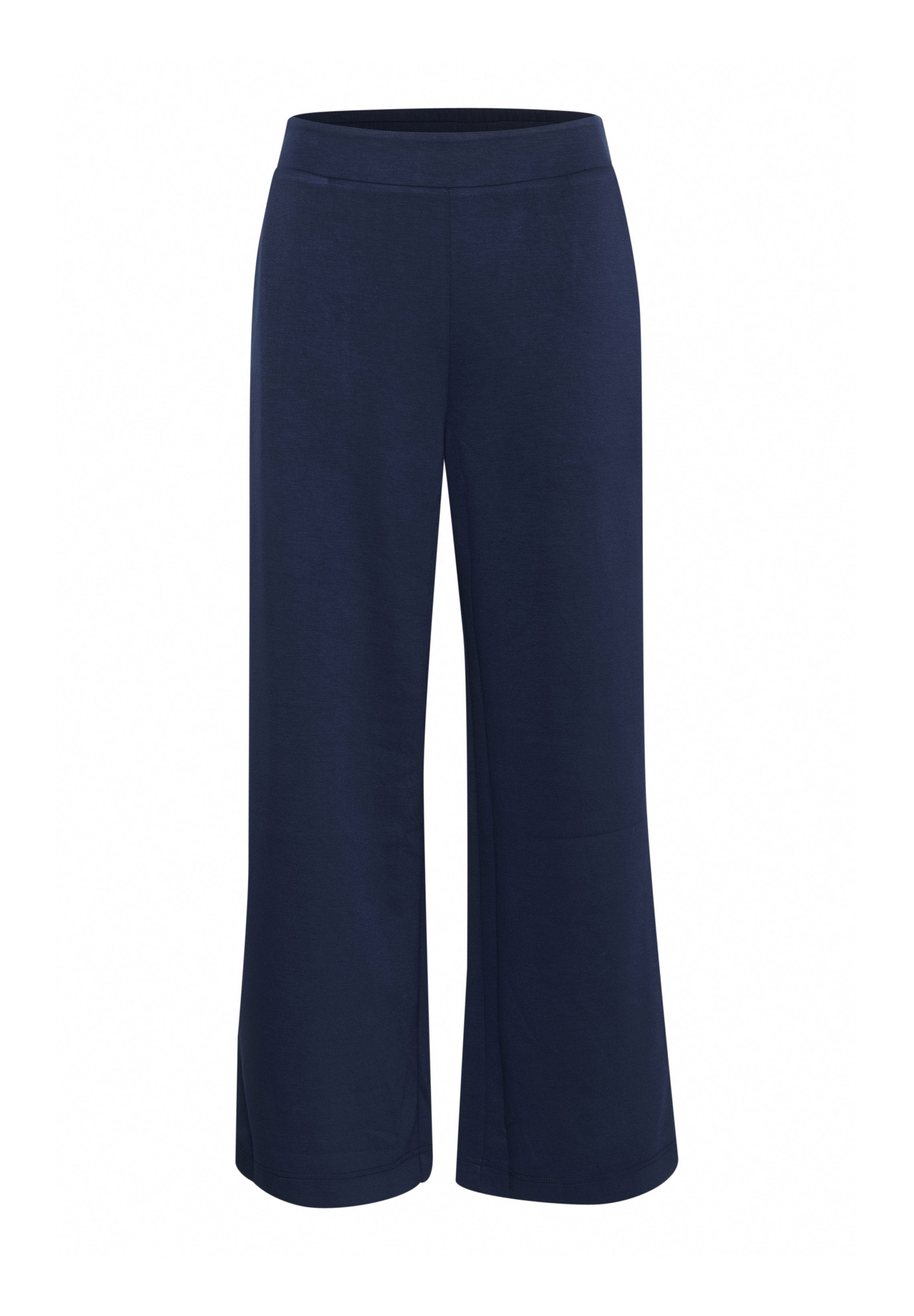 Navyweite Beinhosen aus weichem Stoff, mit einem elastischen Bund und glatter Textur. Keine auffälligen Muster oder Hardware-Details.