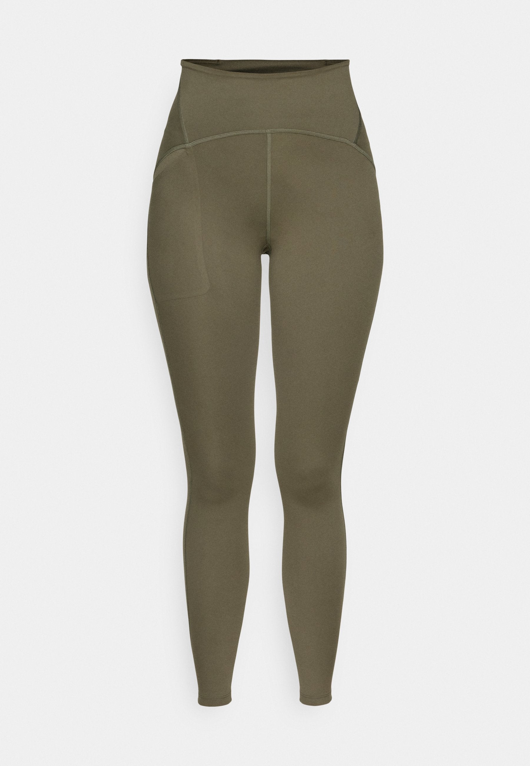 Hoch taillierte Leggings in Olivgrün aus stretchigem Stoff. Mit Flatlock-Nähten und einer seitlichen Tasche zur Aufbewahrung. Glatte Textur.
