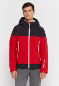 Rote und schwarze wasserdichte Jacke mit einem Reißverschluss vorne, verstellbarem Kapuze und zwei Seitentaschen. Merkmale eine glatte Textur und kontrastierende Farben.