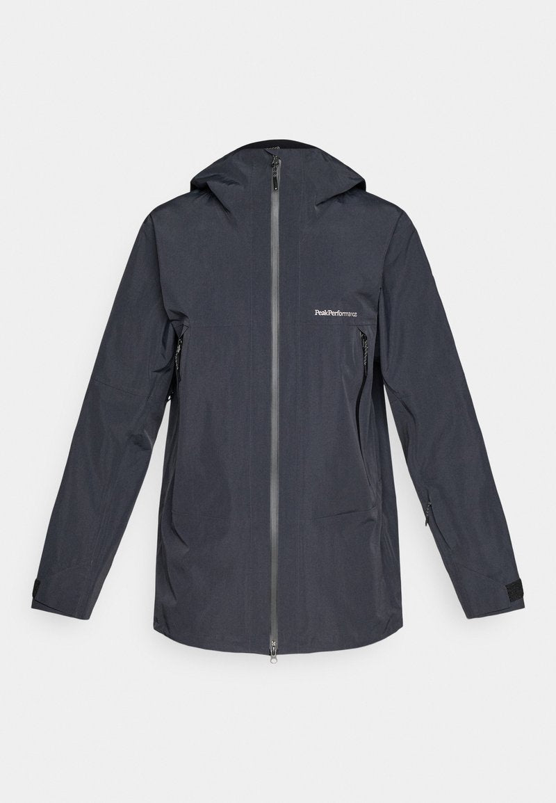 Dunkelgraue wasserdichte Kapuzenjacke mit durchgehendem Reißverschluss, Reißverschlusstaschen an den Seiten und "Peak Performance" Logo auf der Brust.
