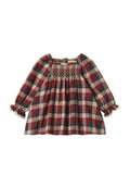 Langärmeliges Kleinkindkleid mit kariertem Muster in Rot, Schwarz und Beige, gerafftem Brustbereich und Rüschen-Spitzenmanschetten.