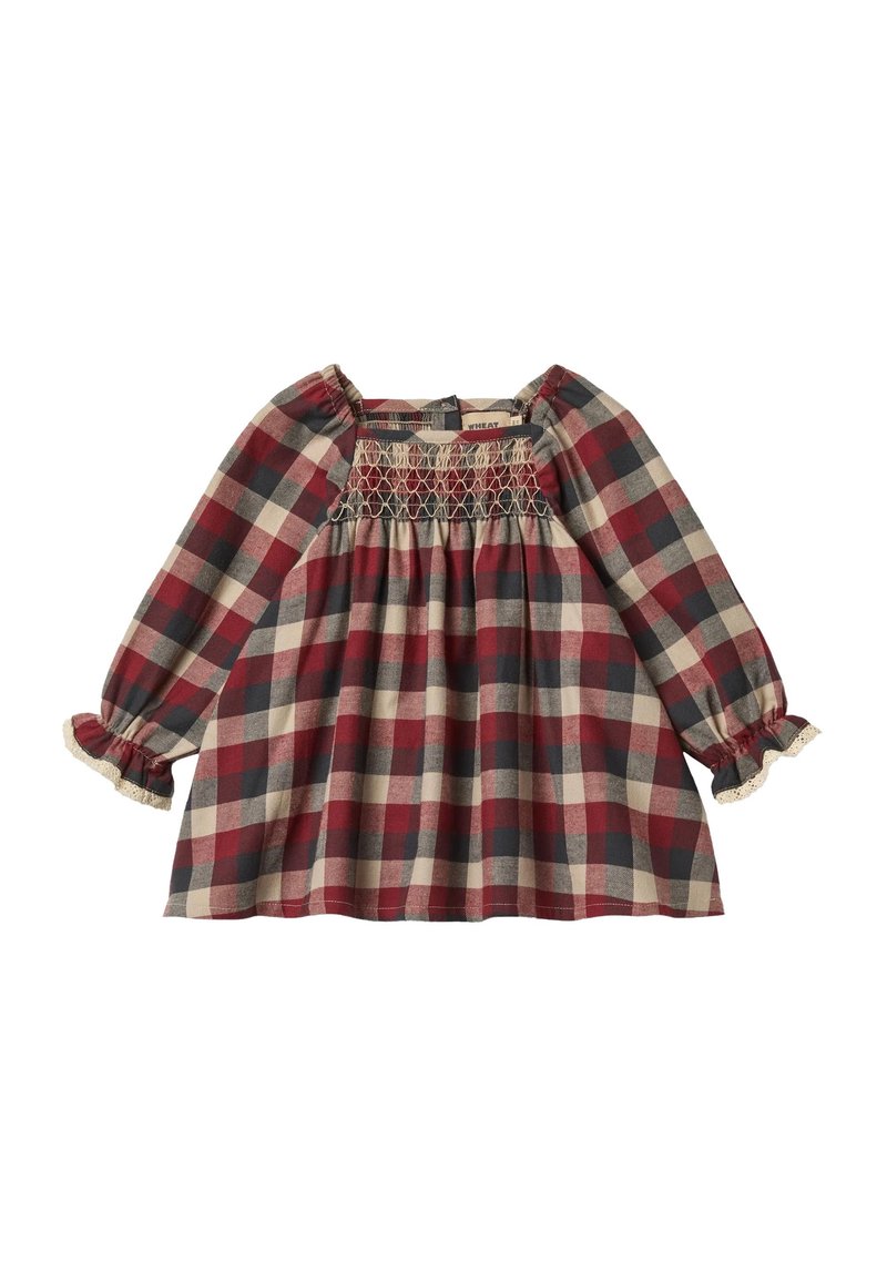 Langärmeliges Kleinkindkleid mit kariertem Muster in Rot, Schwarz und Beige, gerafftem Brustbereich und Rüschen-Spitzenmanschetten.