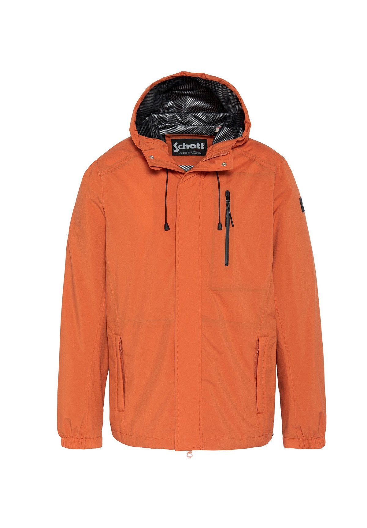 Leichte orangefarbene Jacke mit Reißverschluss vorne, Kordelzugkapuze, zwei Seitentaschen und einer zipbaren Brusttasche; glatte Textur und atmungsaktives Innenfutter.