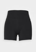 Schwarze Sportshorts mit einem hohen, elastischen Bund, gefertigt aus glattem, dehnbarem Stoff. Verfügt über ein körpernahes Design und minimale Nähte.