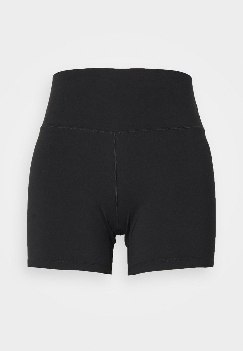 Schwarze Sportshorts mit einem hohen, elastischen Bund, gefertigt aus glattem, dehnbarem Stoff. Verfügt über ein körpernahes Design und minimale Nähte.