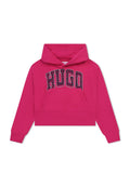 Rosa cropped Hoodie mit Kängurutasche, versehen mit "HUGO" in dunkel gemustertem Schriftzug auf der Brust. Weicher Stoff mit gerippten Bündchen.