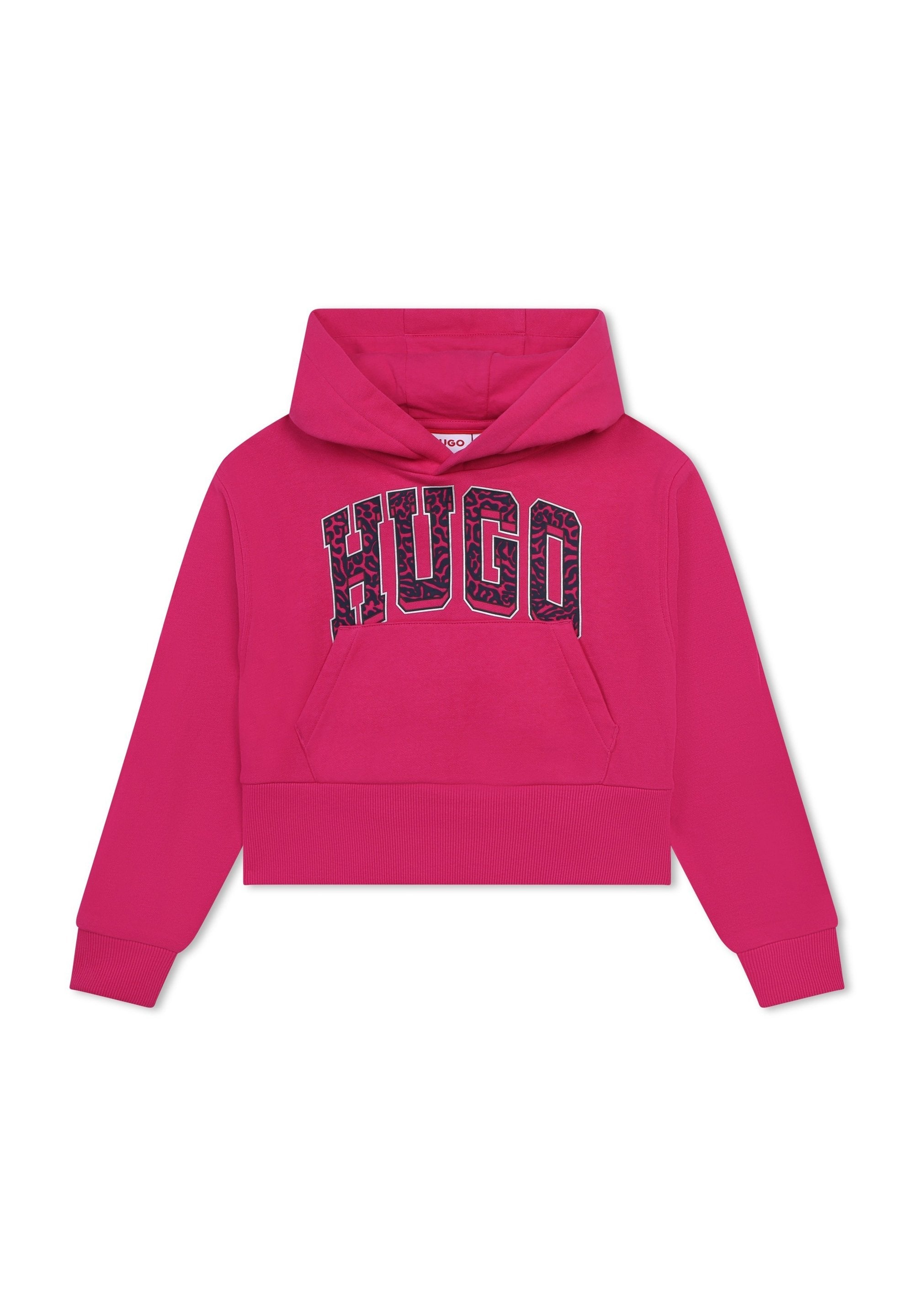 Rosa cropped Hoodie mit Kängurutasche, versehen mit "HUGO" in dunkel gemustertem Schriftzug auf der Brust. Weicher Stoff mit gerippten Bündchen.