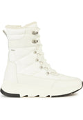 Weiße gesteppte Winterstiefel mit hohem Kragen, Schnürung vorne, Metallösen und einer strukturierten Sohle mit einem schwarzen Akzent.