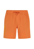 Orange Schwimmshorts aus leichtem Material. Mit einem elastischen Bund und einer Kordel sowie einem Logodetail auf der linken Seite.