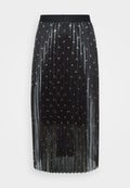 Schwarze Plisseerock mit seidig-glatter Textur, die mit goldenen Folienakzenten überzogen ist. Elastischer Bund für Komfort und Passform.