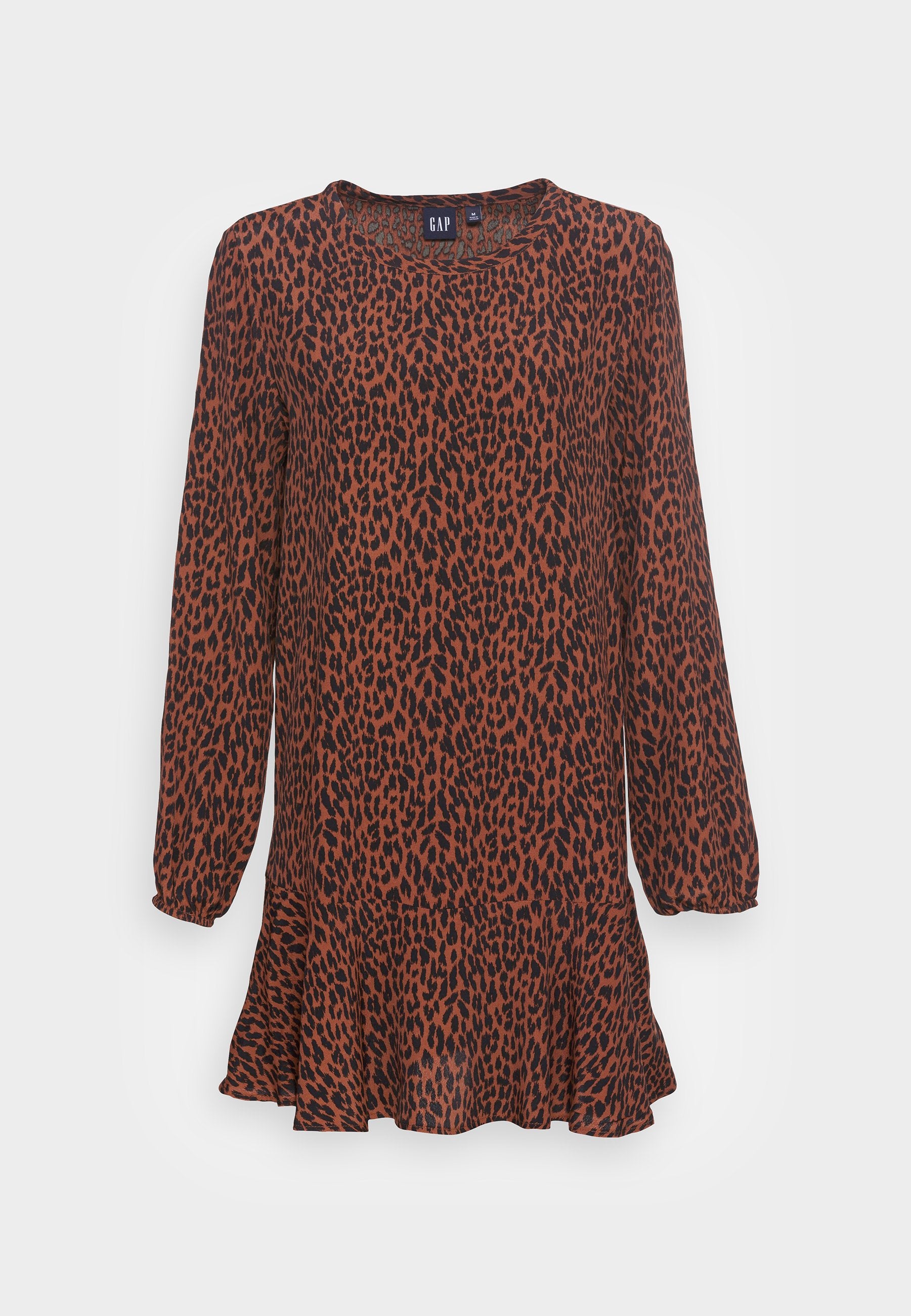 Leopardenmuster-Kleid in Rost und Schwarz, lange Ärmel, runder Hals, am Bund gerafft, ausgestellter Saum, leichtes Material mit weicher Textur.