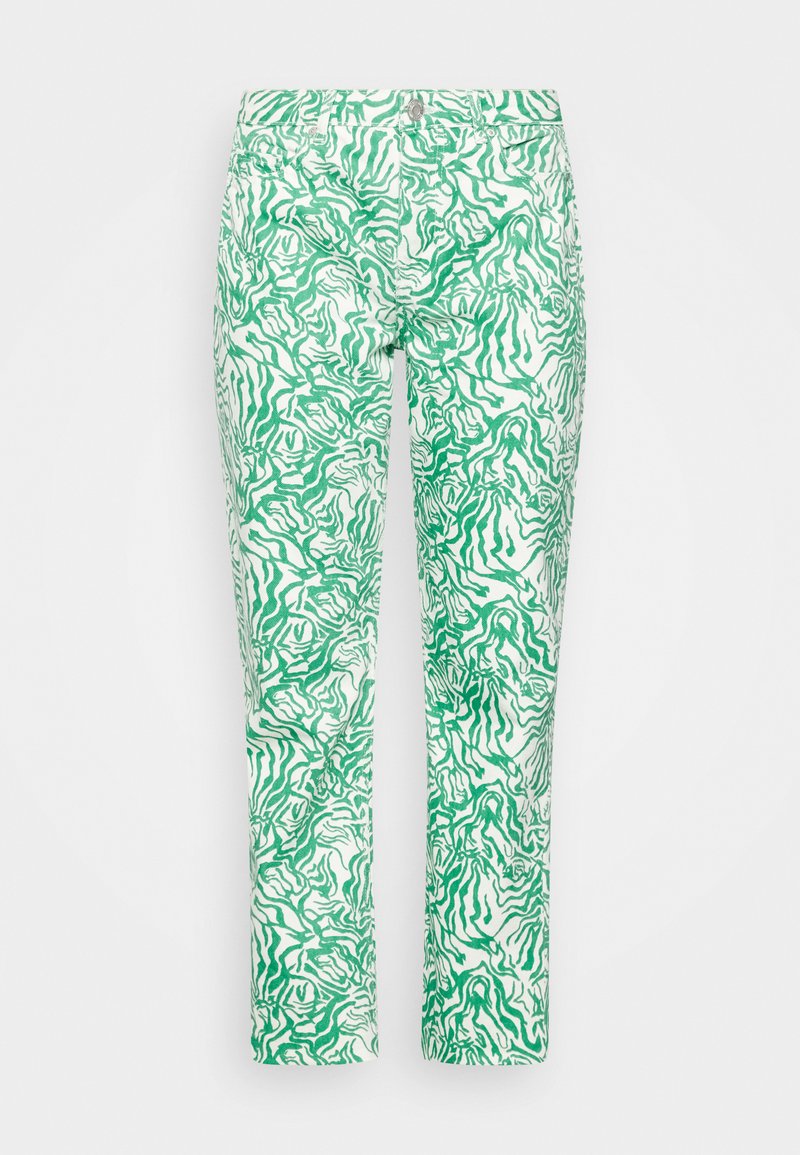 Grüne und weiße gemusterte Jeans mit einem fließenden, wellenförmigen Design. Hergestellt aus weichem Stoff im klassischen Five-Pocket-Stil und mit Reißverschluss.