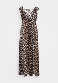 Maxikleid mit einem Leopardenmuster in Braun und Schwarz, mit Rüschenträgern und V-Ausschnitt. Aus leichtem Material gefertigt.