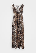Maxikleid mit einem Leopardenmuster in Braun und Schwarz, mit Rüschenträgern und V-Ausschnitt. Aus leichtem Material gefertigt.