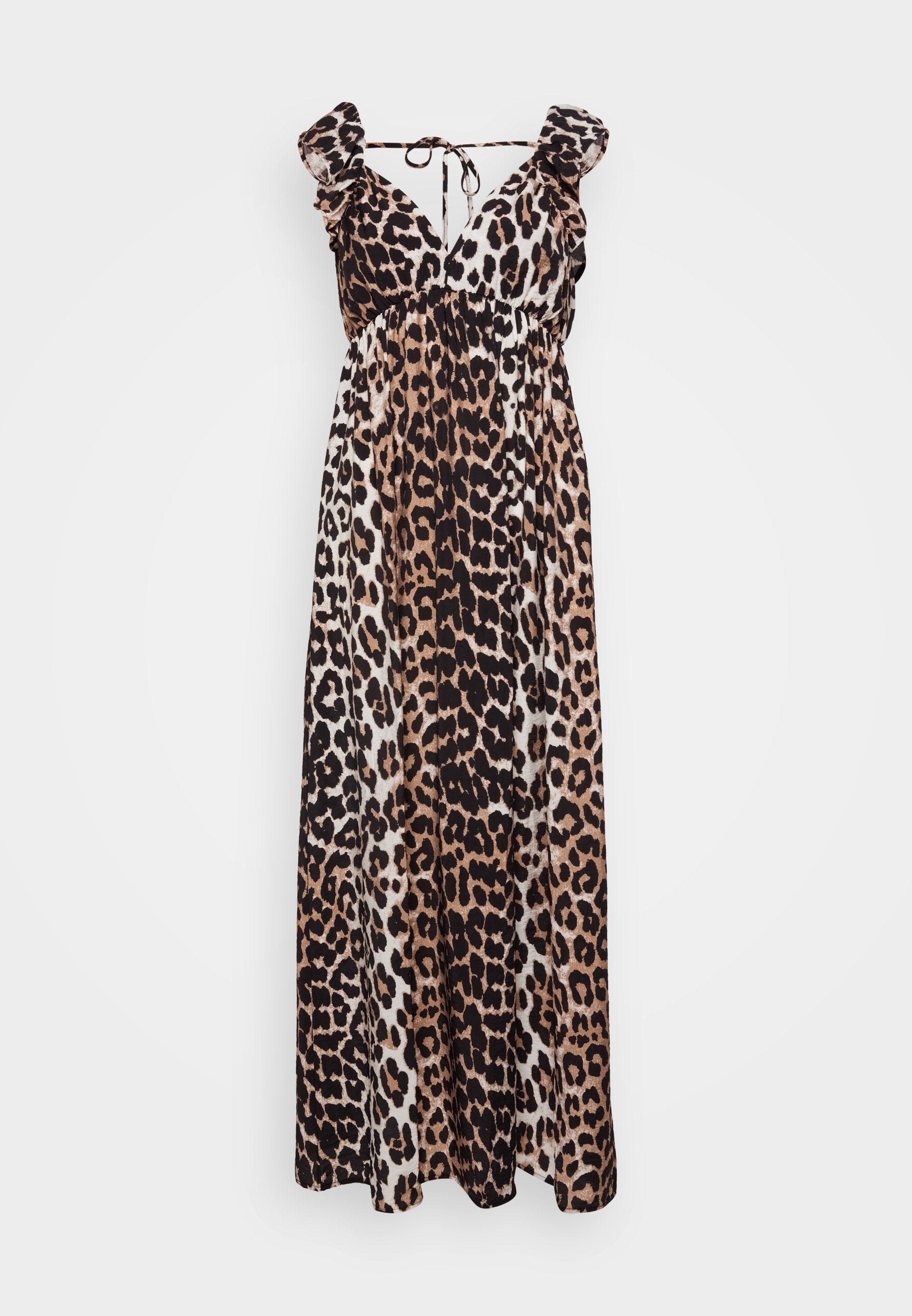 Maxikleid mit einem Leopardenmuster in Braun und Schwarz, mit Rüschenträgern und V-Ausschnitt. Aus leichtem Material gefertigt.