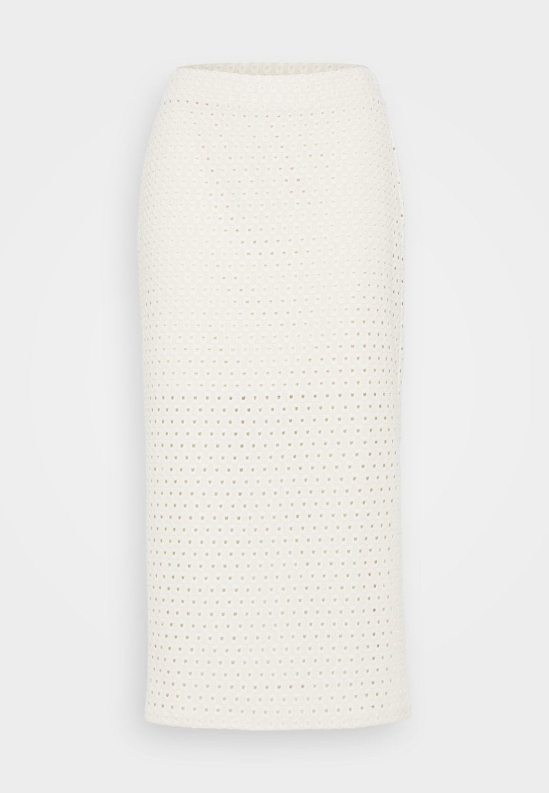 Weißer, knielanger Rock aus strukturiertem Stoff mit durchbrochenem Design. Grade Form, mit einem elastischen Bund für eine bequeme Passform.