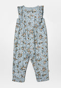 Blaues Romper mit floralen Druck, Rüschen-Schulterträgern, elastischem Bund und Druckknöpfen im Schritt für ein einfaches Wickeln. Aus weichem Baumwollmaterial.