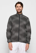 Schwarz- und graue leichte Jacke mit geometrischem Muster, durchgehendem Reißverschluss und hohem Kragen. Verfügt über Raglanärmel und elastische Bündchen.