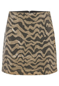 Kurzes, ausgestelltes Kleid mit beigem Hintergrund und schwarzem Zickzackmuster, verziert mit Pailletten für Textur. Reißverschluss hinten an der Taille.