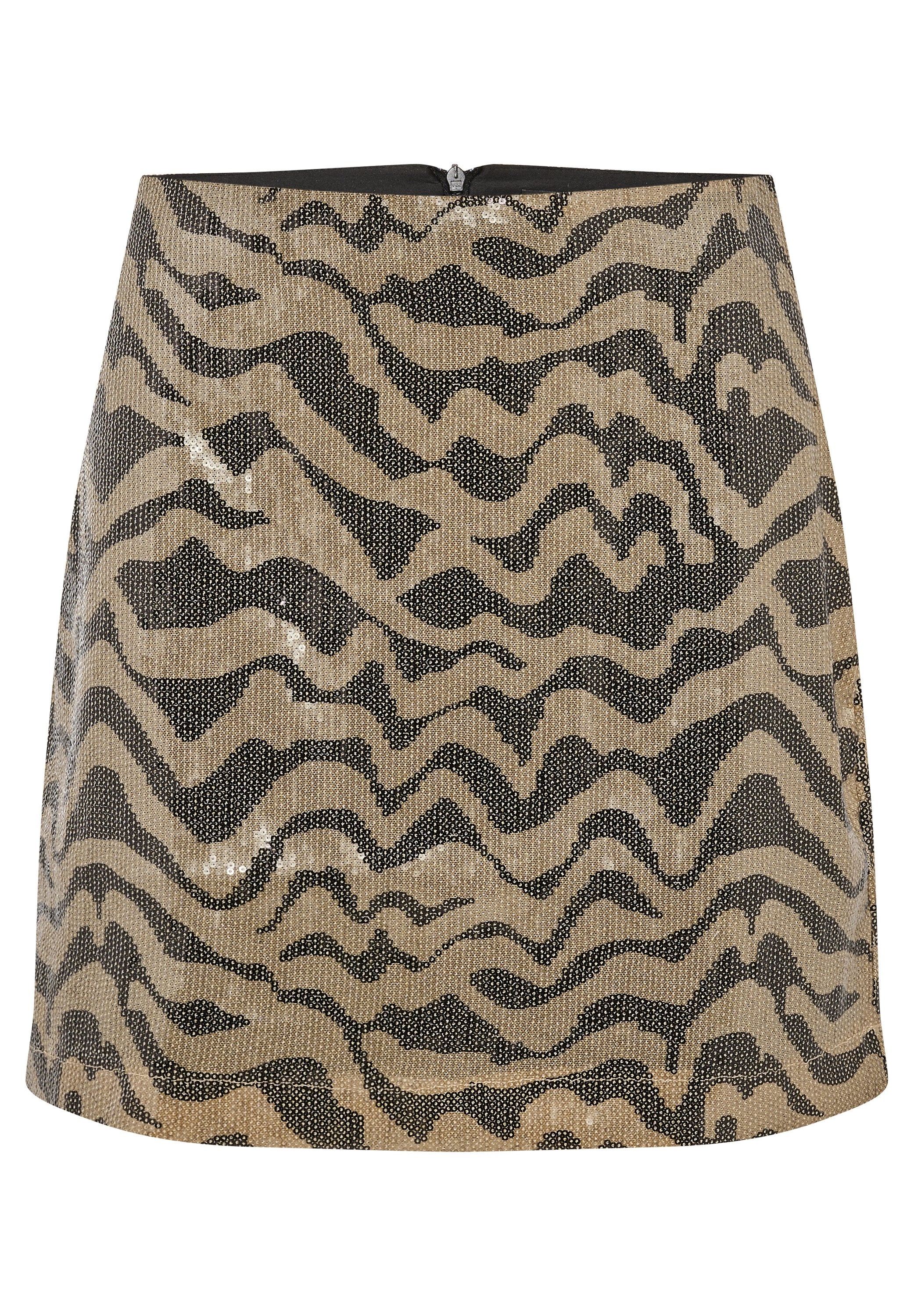 Kurzes, ausgestelltes Kleid mit beigem Hintergrund und schwarzem Zickzackmuster, verziert mit Pailletten für Textur. Reißverschluss hinten an der Taille.