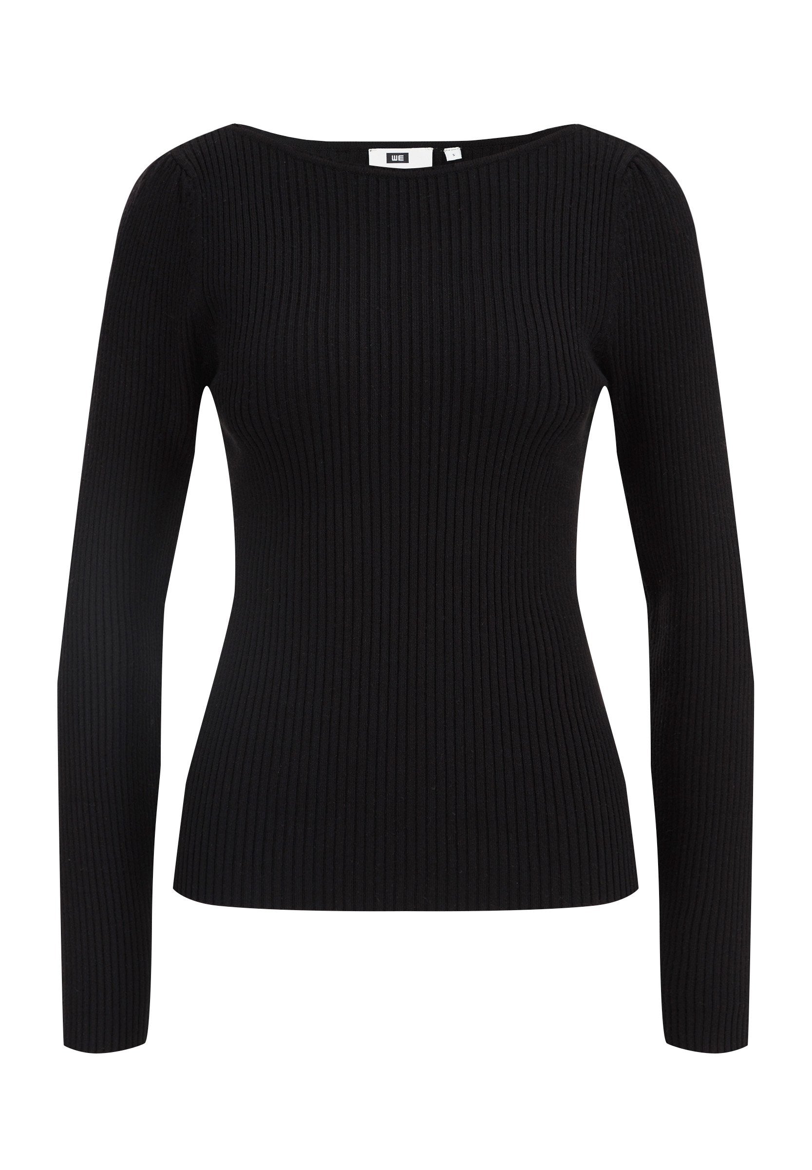 Schwarzes Langarmoberteil aus Rippstoff, mit weitem Halsausschnitt und taillierter Silhouette, minimalen Nähten und ohne Muster.