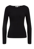 Schwarzes Langarmoberteil aus Rippstoff, mit weitem Halsausschnitt und taillierter Silhouette, minimalen Nähten und ohne Muster.