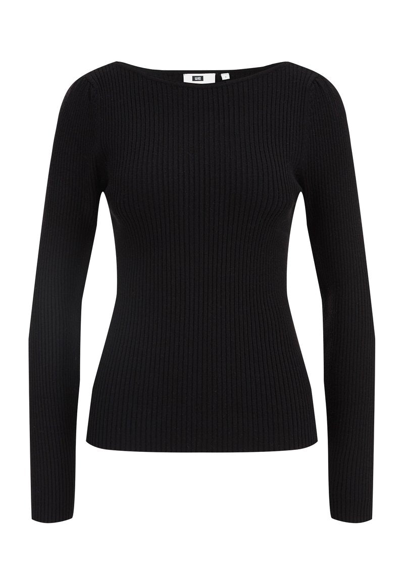 Schwarzes Langarmoberteil aus Rippstoff, mit weitem Halsausschnitt und taillierter Silhouette, minimalen Nähten und ohne Muster.