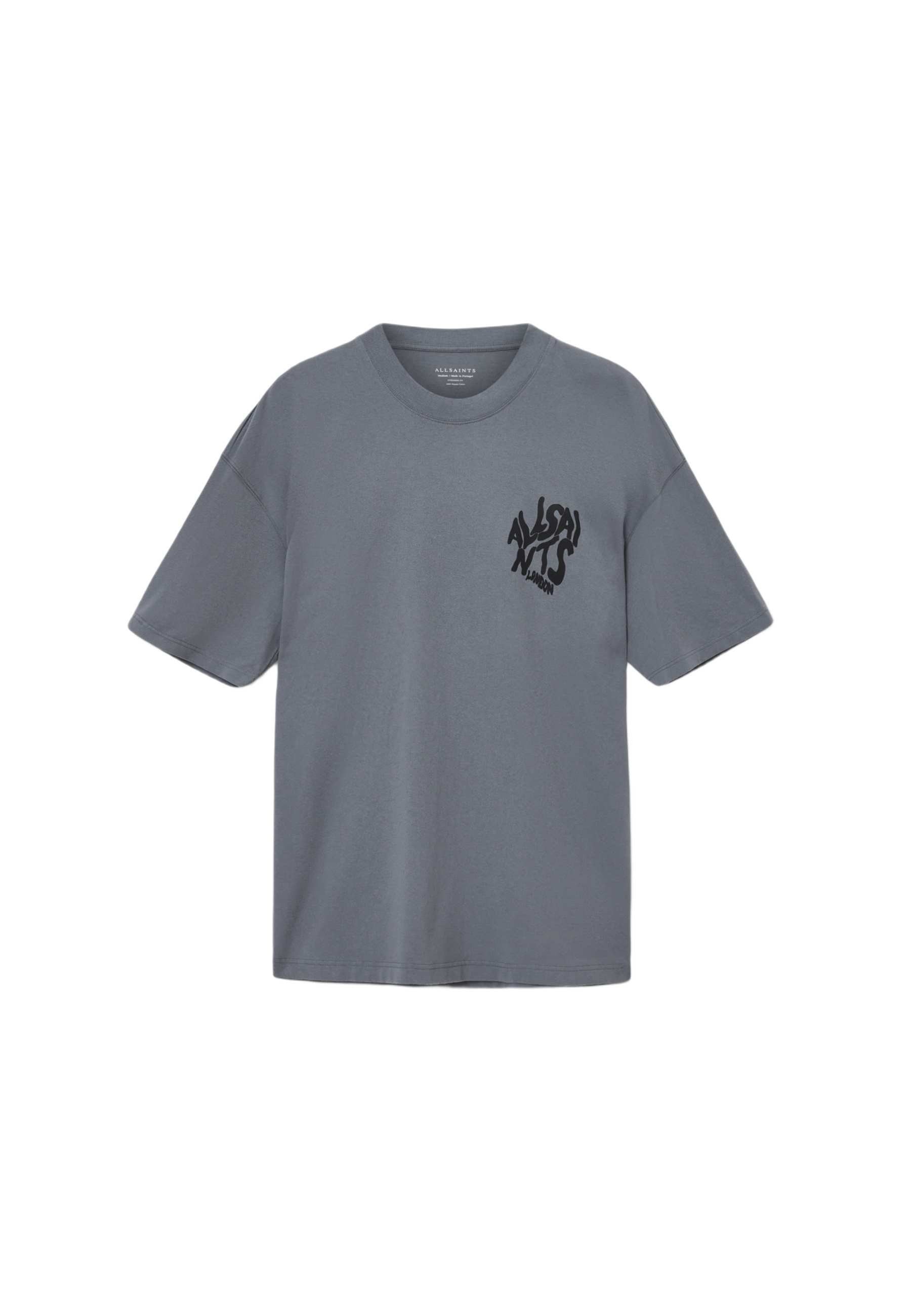 Graues kurzärmliges Baumwoll-T-Shirt mit einem schwarzen stilisierten Logo auf der linken Brust. Rundhalsausschnitt. Normale Passform. Glatte Textur.