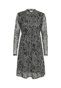 Leopardenmuster-Kleid in Grautönen, mit langen Ärmeln, Rundhalsausschnitt und einer taillierten Passform, die ab der Taille ausgestellt ist. Weicher, transparenter Stoff.