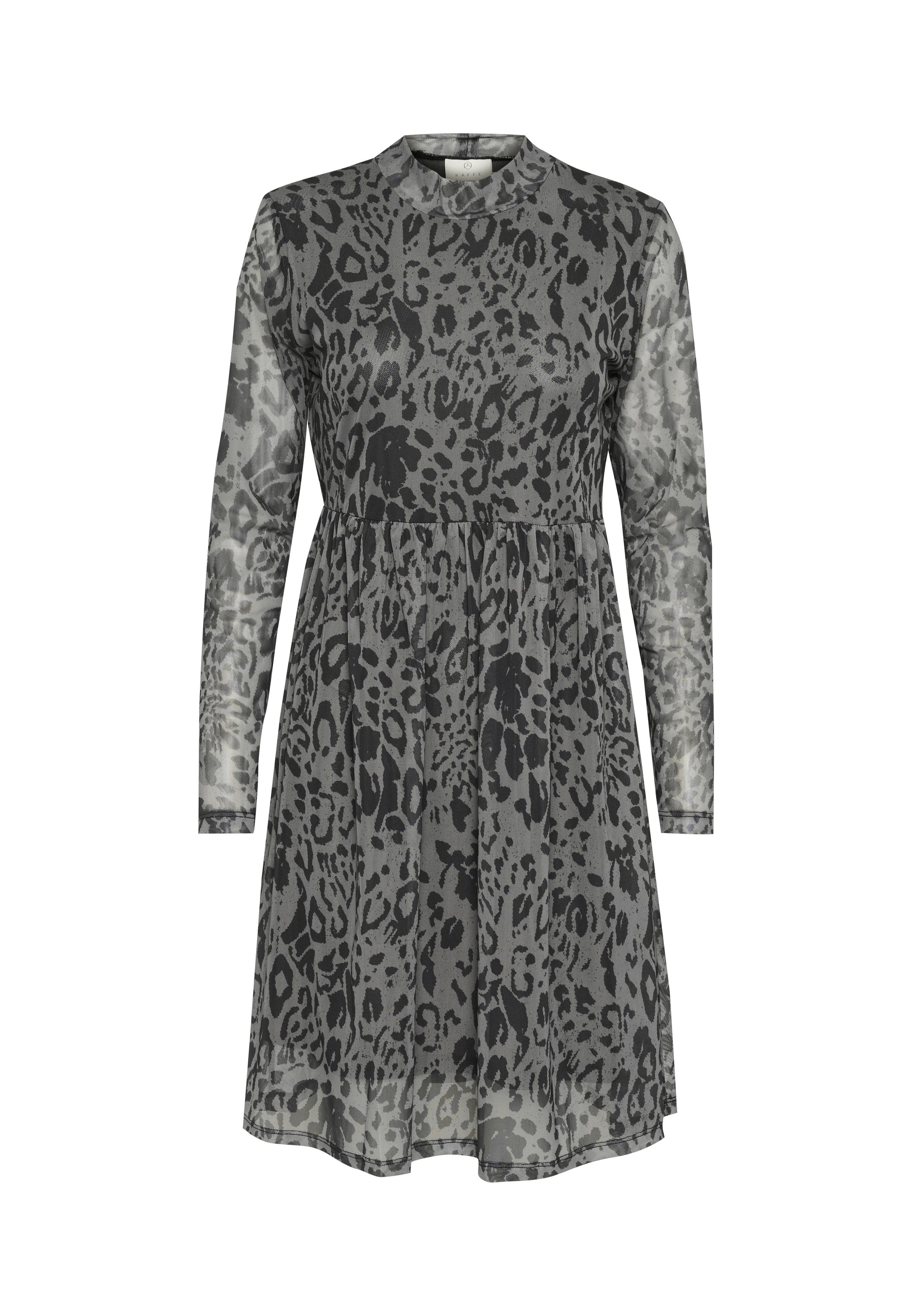 Leopardenmuster-Kleid in Grautönen, mit langen Ärmeln, Rundhalsausschnitt und einer taillierten Passform, die ab der Taille ausgestellt ist. Weicher, transparenter Stoff.
