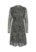 Leopardenmuster-Kleid in Grautönen, mit langen Ärmeln, Rundhalsausschnitt und einer taillierten Passform, die ab der Taille ausgestellt ist. Weicher, transparenter Stoff.