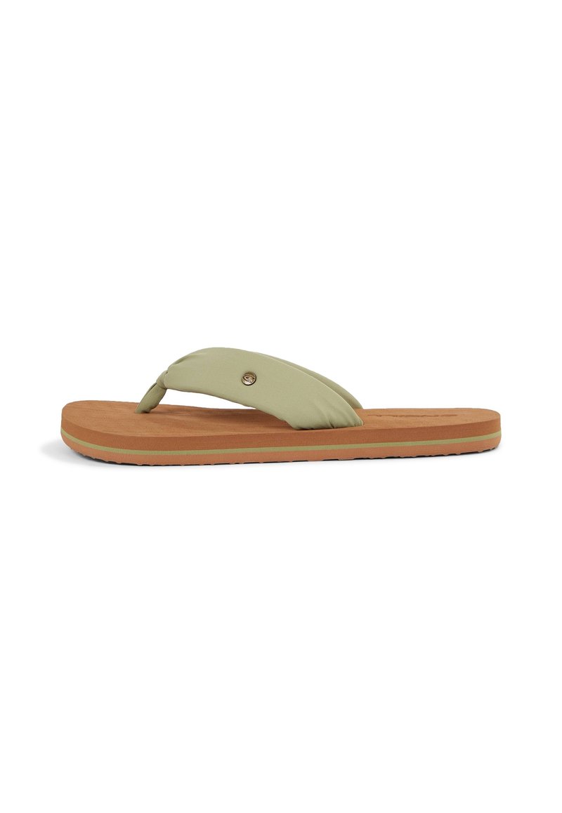 Grüne Flip-Flop-Sandale aus weichem Stoff mit einer strukturierten braunen Gummisohle. Verfügt über einen geknoteten Riemen und einem runden Metallakzent.