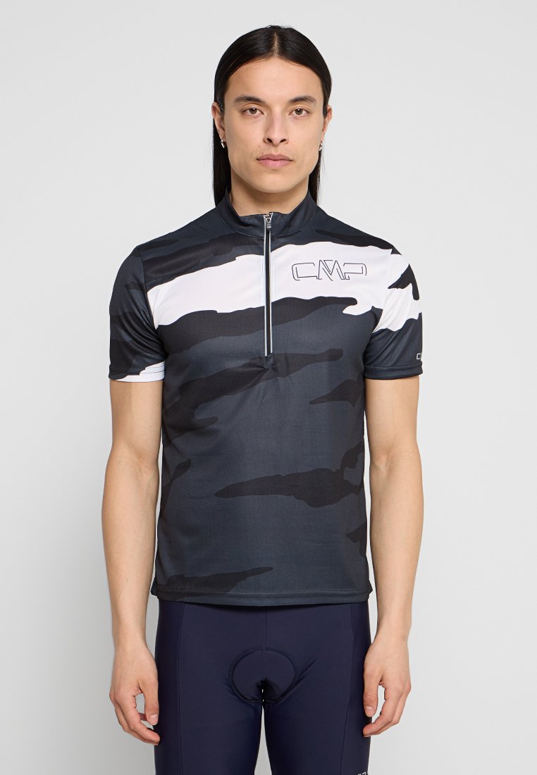 Kurze Ärmel Fahrradtrikot in Schwarz-Weiß-Camouflage, mit Reißverschlusskragen, CMP-Logo und feuchtigkeitsableitendem Material für Atmungsaktivität.