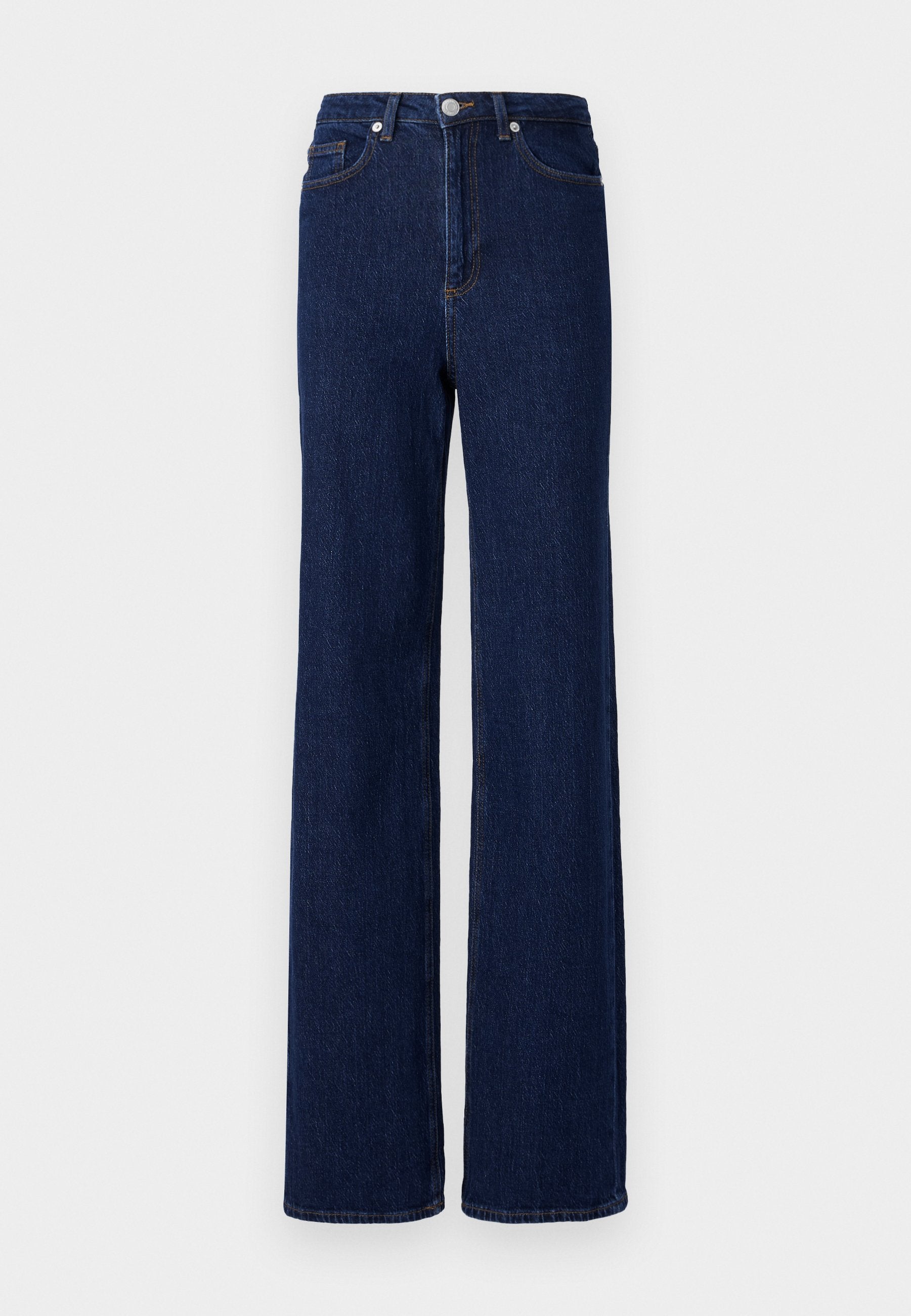 Dunkelblaue Denim-Jeans mit hoher Taille, weitem Bein und klassischem Fünf-Taschen-Design. Abgerundet mit kontrastierenden Nähten und einem Metallknopf.