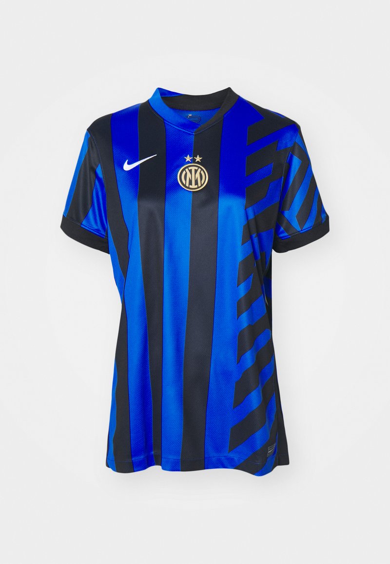 Blau- und schwarzgestreiftes Fußballtrikot aus glattem Stoff; mit Rundhalsausschnitt, kurzen Ärmeln, Nike-Logo und Vereinswappen mit Sternen.