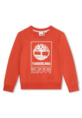 Roter Sweatshirt aus Baumwolle mit einem weißen grafischen Logo, das ein Baummotiv und Text zeigt. Gerippter Rundhalsausschnitt und Bündchen. Einfarbig, keine Muster.