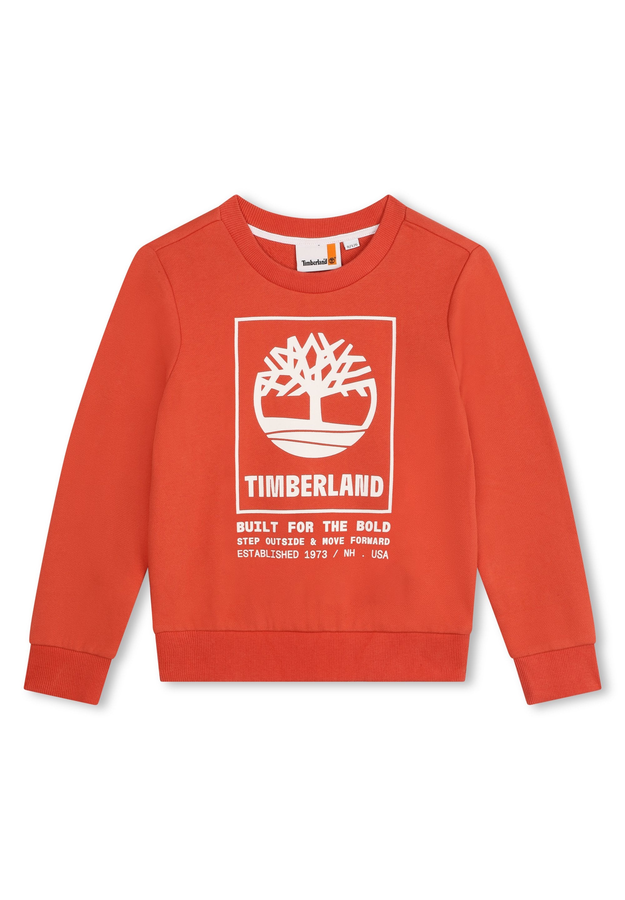 Roter Sweatshirt aus Baumwolle mit einem weißen grafischen Logo, das ein Baummotiv und Text zeigt. Gerippter Rundhalsausschnitt und Bündchen. Einfarbig, keine Muster.