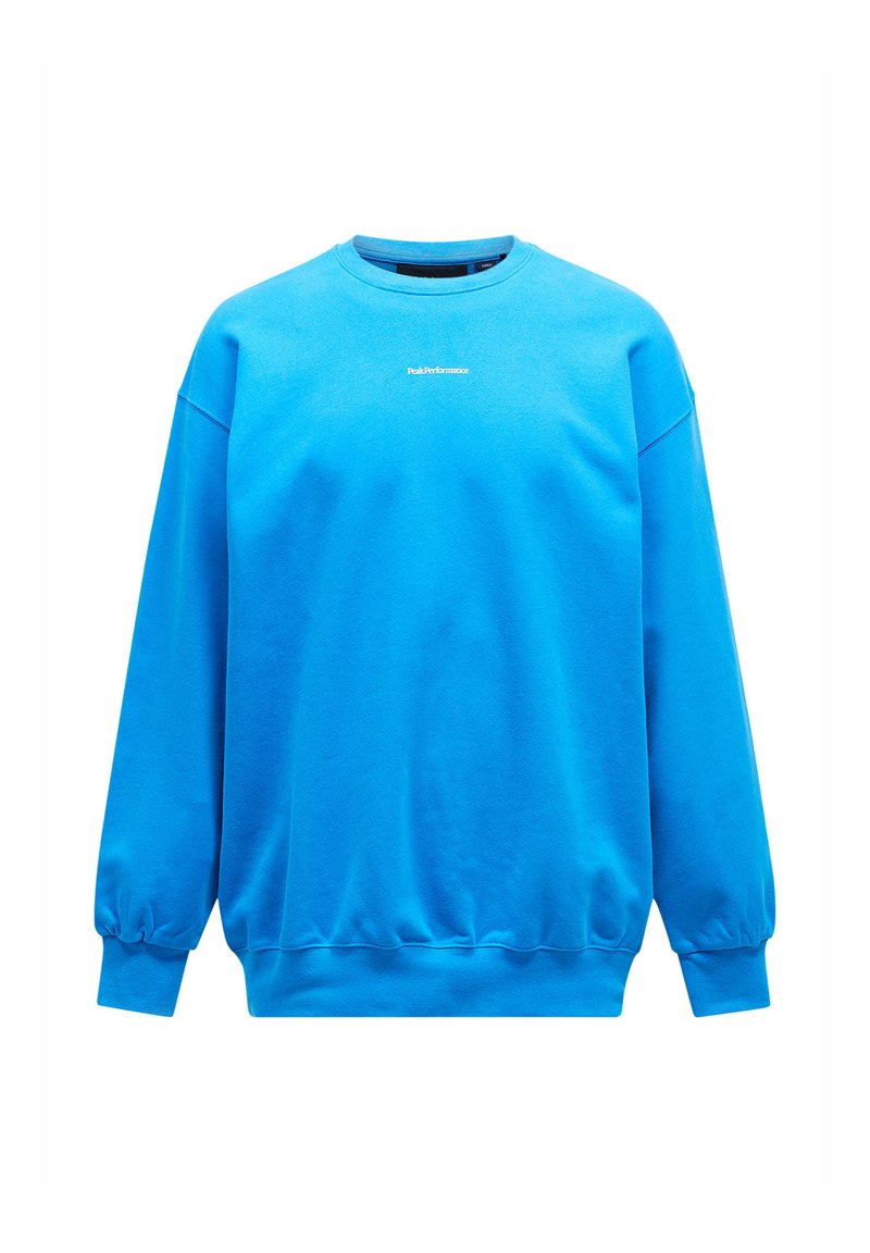 Blauer Kapuzenpullover aus weichem Stoff mit Rundhalsausschnitt sowie gerippten Bündchen und Saum. Weißes Logo auf der Vorderseite gedruckt.