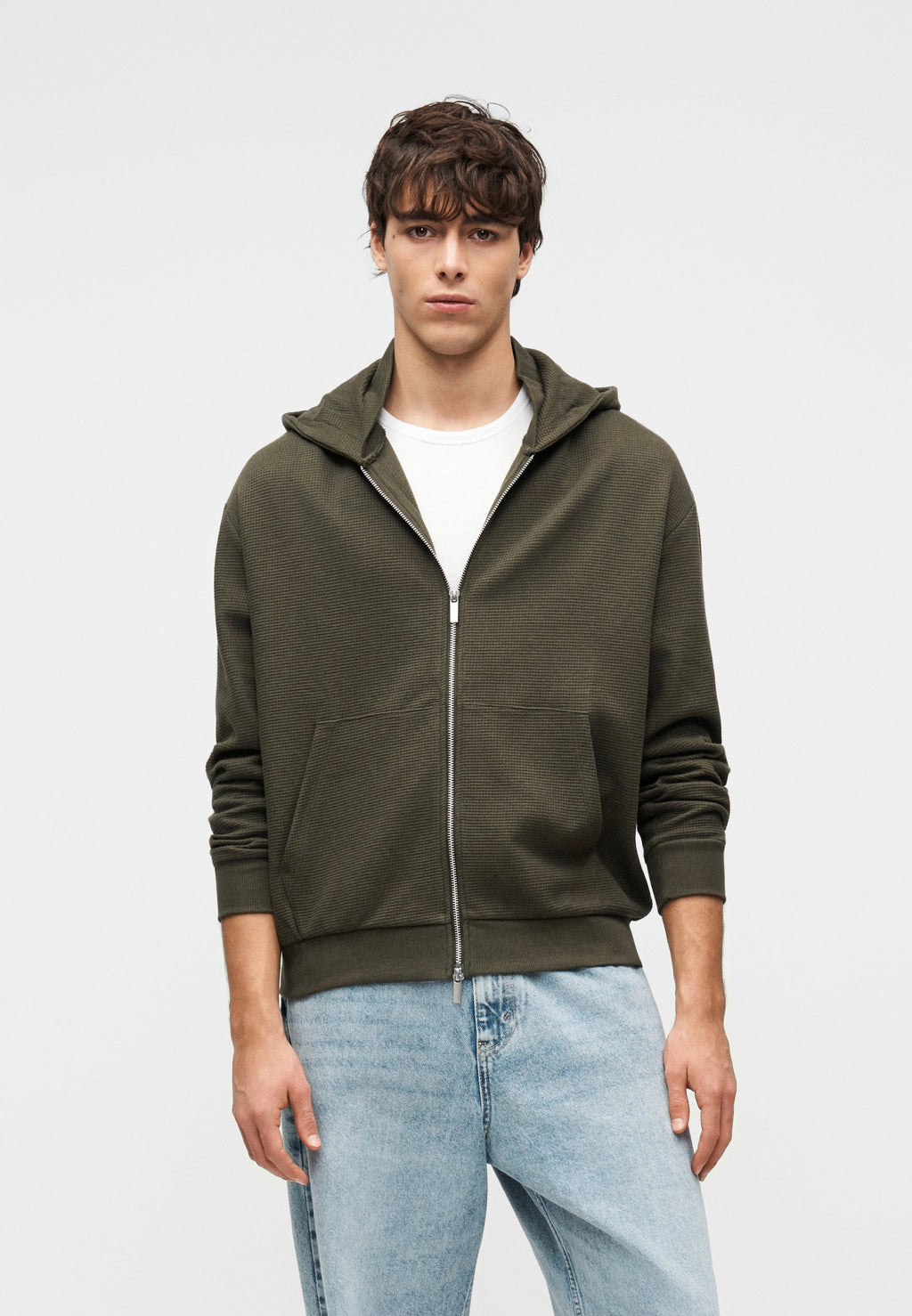 YOURTURN UNISEX WAFFLE RELAXED FIT ZIP-UP HOODIE