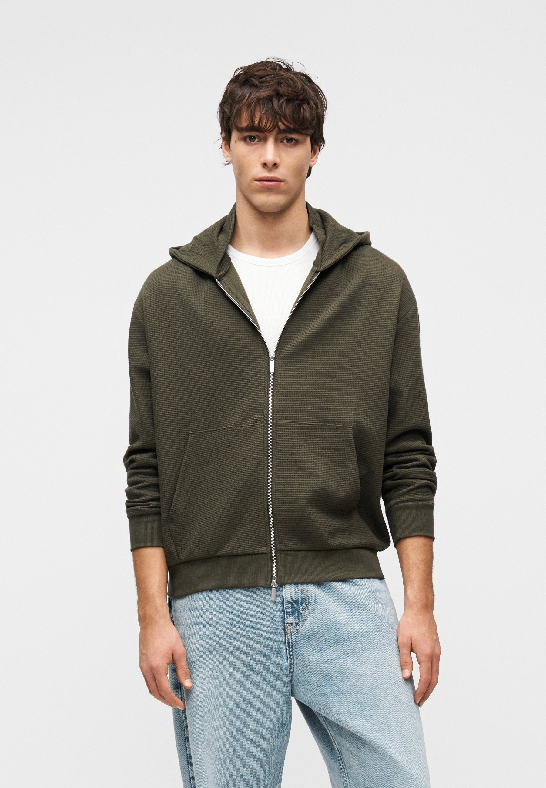 YOURTURN UNISEX WAFFLE RELAXED FIT ZIP-UP HOODIE