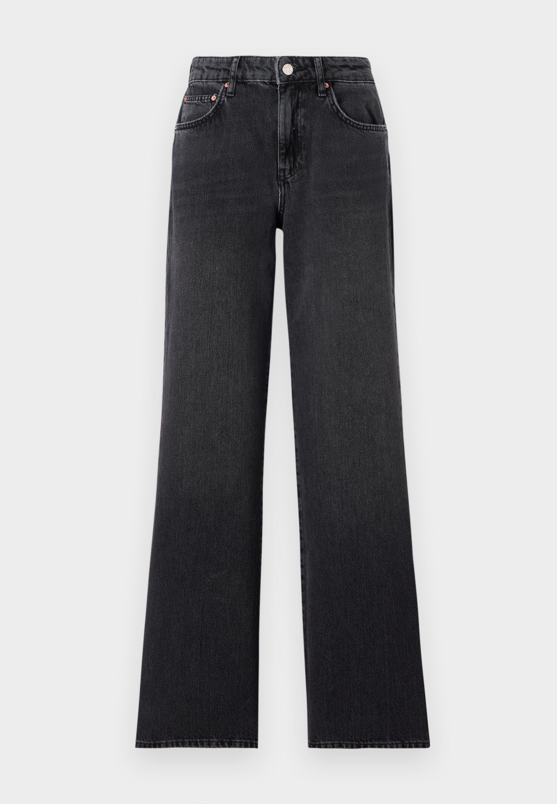 Schwarze Weitbein-Jeans aus Denim, mit hoher Taille, Gürtelschlaufen und klassischem Fünf-Taschen-Design mit kupferfarbenen Akzenten.