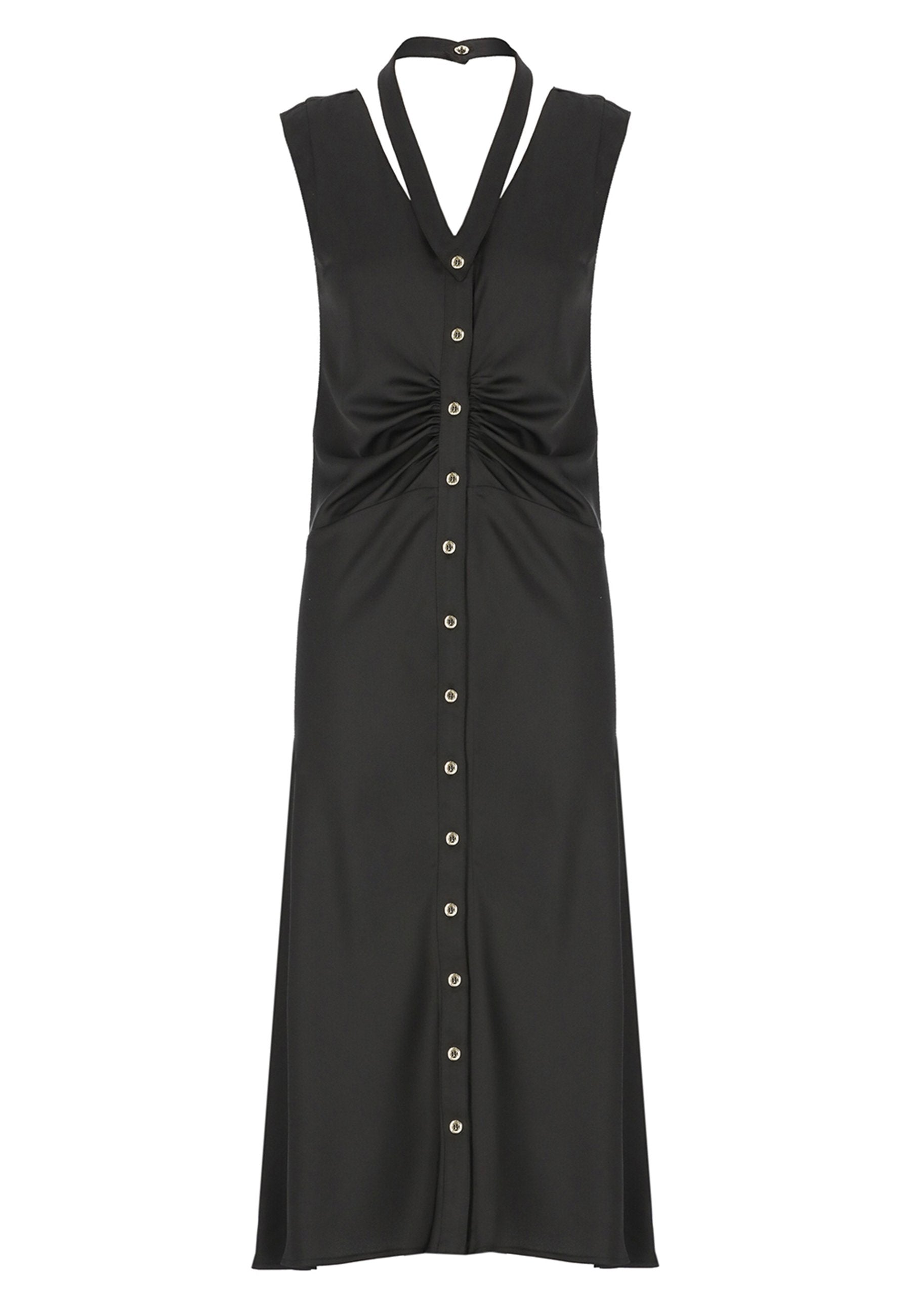 Ärmelloses schwarzes Midi-Kleid mit Knopfverschluss vorne, geraffter Taille und Halfterträger mit Knopfdetails.