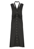 Ärmelloses schwarzes Midi-Kleid mit Knopfverschluss vorne, geraffter Taille und Halfterträger mit Knopfdetails.