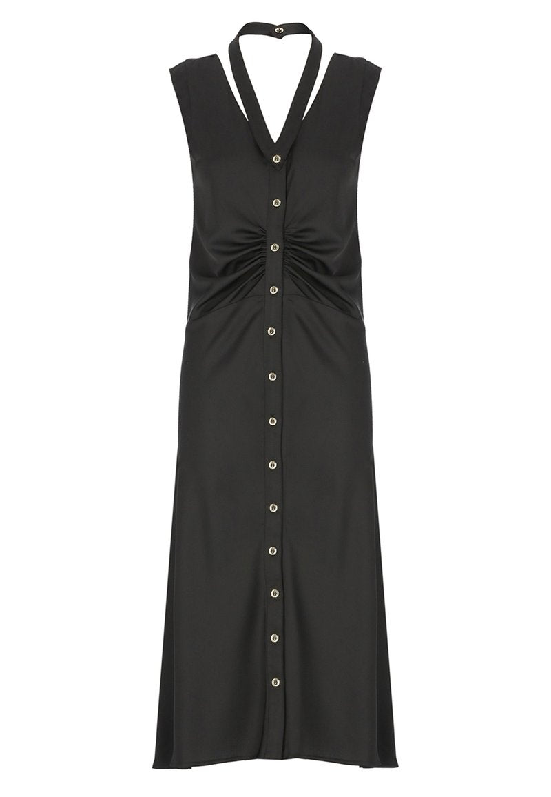 Ärmelloses schwarzes Midi-Kleid mit Knopfverschluss vorne, geraffter Taille und Halfterträger mit Knopfdetails.